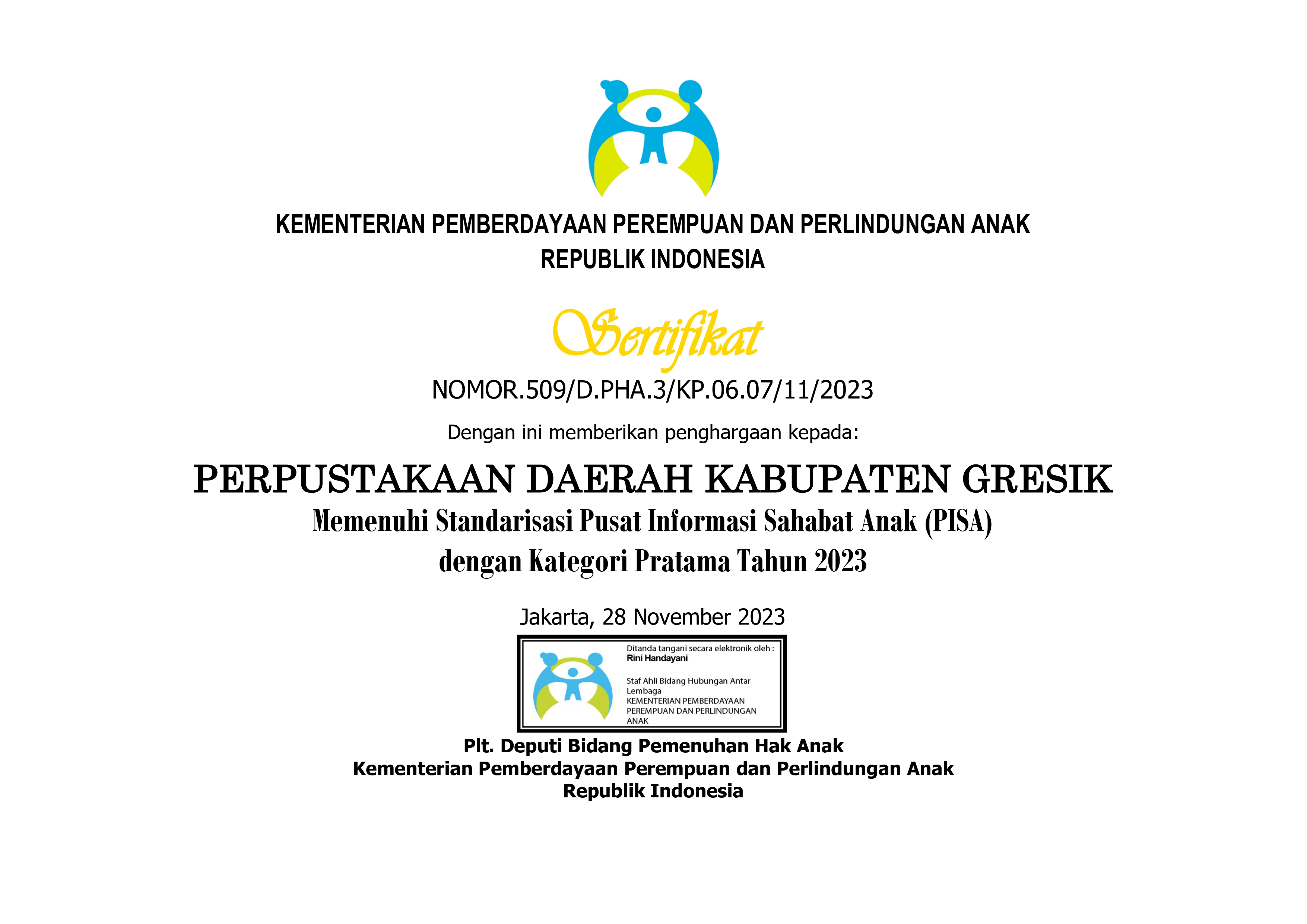 Sertifikat PISA Dispusipp Gresik